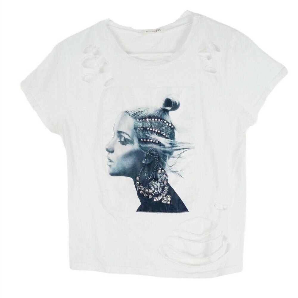 Distressed Graphic Tee Jeweled Profile Rhinestones M